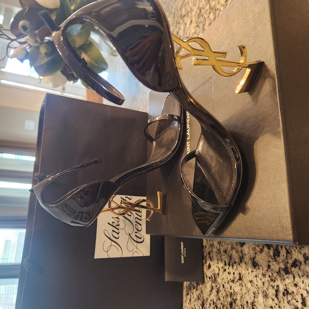Saint Laurent Black Patent Leather Sandals with Gold YSL Heel